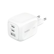 BELKIN Chargeur Secteur GaN 3 Ports 70W Avec Adaptateurs Voyage (Blanc)